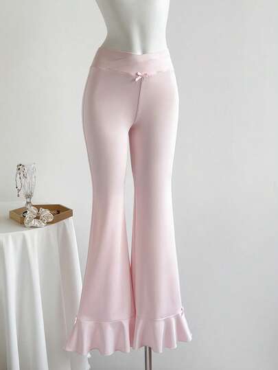 Elamini Women's Low Waist Crossed V-Neck Pants, Bow Decor Flare Leg Trousers, Sweet Retro Casual Comfortable Knit Pants, Spring/Summer