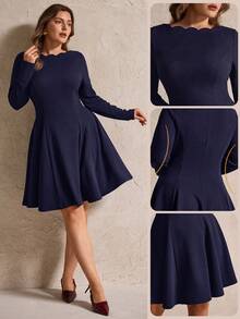 Elegantrix Vestido Curto Evasê com Ombros à Mostra e Bainha Ondulada, Estilo Francês Casual para Outono/Inverno, Plus Size - Azul Marinho - Visão 1
