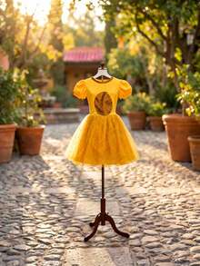 Conjunto para niña estilo león del bosque, vestido dorado con tul brillante, diadema peluche de león adorable, material suave y cómodo, falda amplia vaporosa, cuello redondo, manga corta tipo globo, primavera/otoño, disfraz ideal para fiestas, presentaciones y Halloween infantil - Naranja - Ver 2