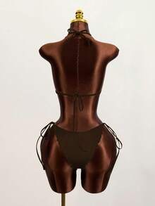 3pcs Women's Solid Color Textured Fabric Tie Neck Bikini Set - Brown - View 7