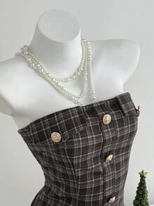 Elamini Váy ngắn chữ A kẻ caro viền kim loại trang trí cho nữ - Nhiều màu - Xem 4