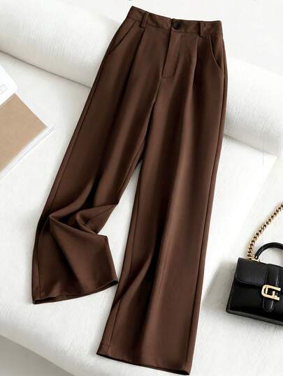 SHEIN PETITE Women's Solid Color Pocket Fold Pleated Casual Pants