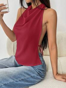Flirla 女士纯色深V领性感露背时尚吊带背心 - 紅色 - 查看 4