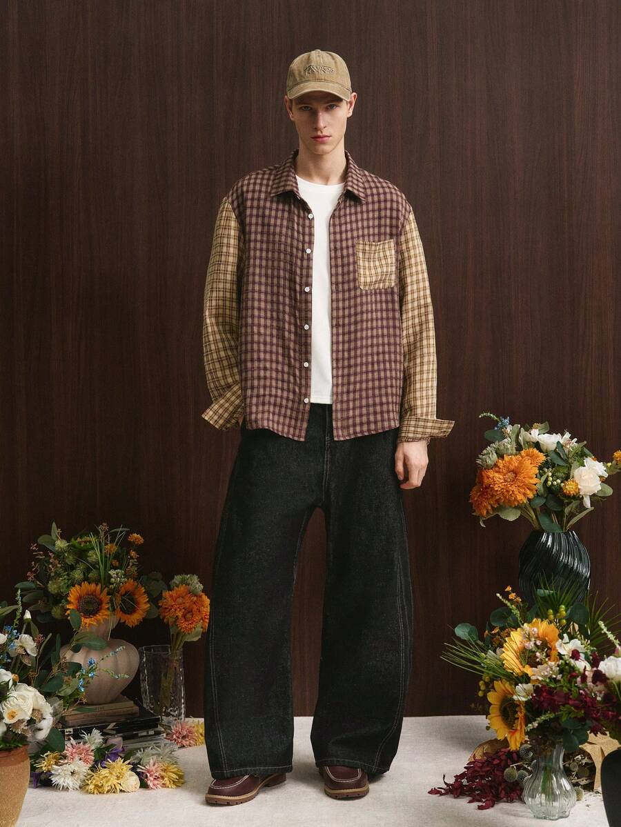 TOKVUE 男士落肩长袖撞色纽扣前开襟休闲格子衬衫 - 彩色 - 查看 1