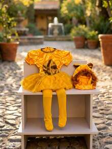 Conjunto para niña estilo león del bosque, vestido dorado con tul brillante, diadema peluche de león adorable, material suave y cómodo, falda amplia vaporosa, cuello redondo, manga corta tipo globo, primavera/otoño, disfraz ideal para fiestas, presentaciones y Halloween infantil - Naranja - Ver 3