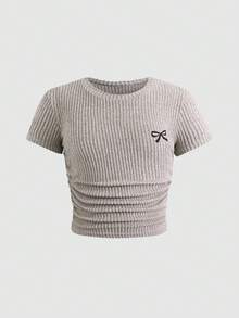 SHEIN Tween Girls Bow Ribbed Print T-Shirt & Leggings 2 Pieces Set, Casual Daily Fashion Versatile - Apricot - View 3