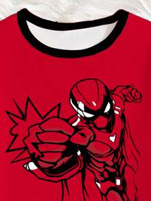 2件套男童印花撞色滚边圆领长袖修身睡衣套装，秋季款 - 紅色 - 查看 3