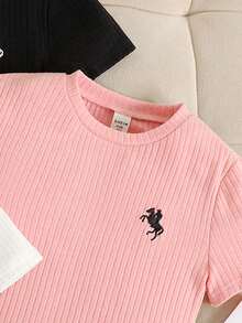 SHEIN Tween Girls' Round Neck Short Sleeve Ribbed Casual Summer Versatile T-Shirt - Multicolor - View 5