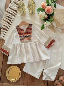 SHEIN Baby Girl Vacation Casual Apricot Patchwork Retro Pattern Long Sleeve Shirt & Elastic Waist Pants Set - Apricot - View 6