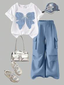 SHEIN ChillGRL Bộ 2 áo phông thường ngày và quần túi hộp cho bé gái tuổi teen, áo phông cổ tròn tay ngắn họa tiết thêu bướm và quần dài, trang phục thời trang cho mùa xuân/hè - Màu xanh lam - Xem 4
