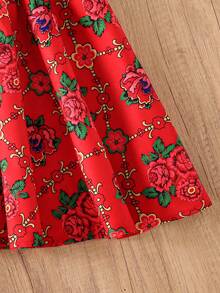 SHEIN 2pcs/Set Young Girls'Funny Middle Eastern Girl Print Short Sleeve T-Shirt&Rose Pleated Maxi Skirt,Summer,Family Matching Elegant Daily Outfit - Multicolor - View 8