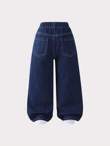 Young Girls Casual Style Denim Jeans, Deep Blue Color, Dual Pockets Design, Loose Wide Leg Fit, Soft & Comfortable Fabric, Suitable For School, Commute, And Daily Wear, Spring/Summer/Autumn/Winter - Dark Wash - View 2
