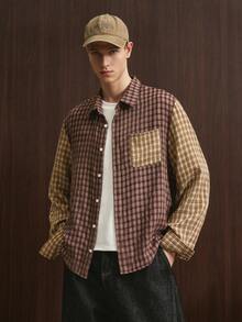 TOKVUE 男士落肩长袖撞色纽扣前开襟休闲格子衬衫 - 彩色 - 查看 4