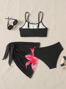 SHEIN Bộ đồ bơi in hoa thoải mái, vừa vặn cho bé gái tuổi teen - màu đen - Xem 2