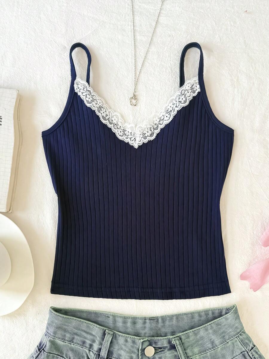 SHEIN Tween Girl Navy Ribbed White Lace Ballet Style Camisole - Blue - View 1