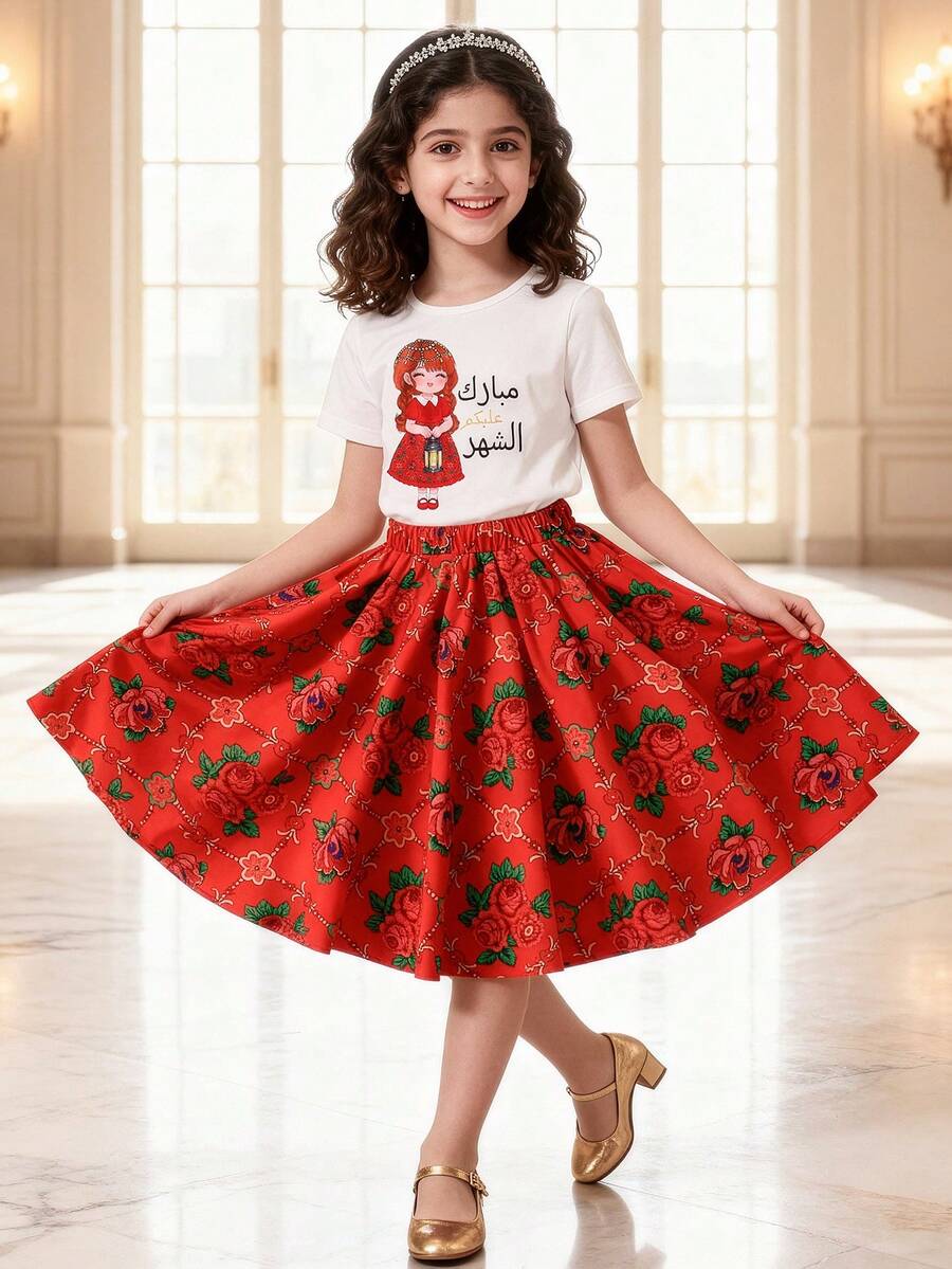 SHEIN 2pcs/Set Young Girls'Funny Middle Eastern Girl Print Short Sleeve T-Shirt&Rose Pleated Maxi Skirt,Summer,Family Matching Elegant Daily Outfit - Multicolor - View 1