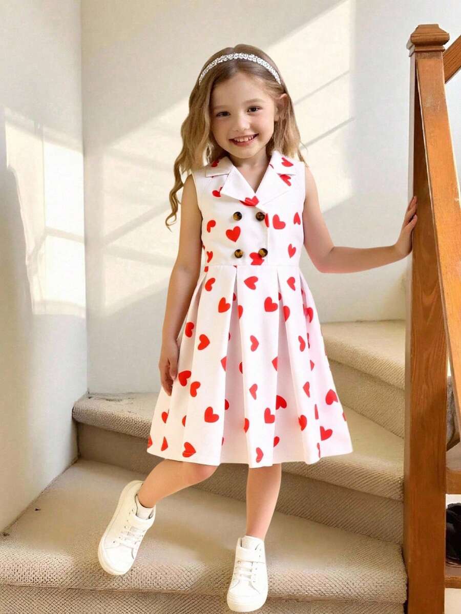 Elladie kids 少女可爱爱心图案无袖褶裥下摆休闲简约白色连衣裙 - 白色 - 查看 1