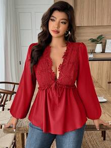 SHEIN LUNE 女士纯色简约深V领长袖衬衫，日常穿着红色衬衫 - 玫瑰紅 - 查看 6