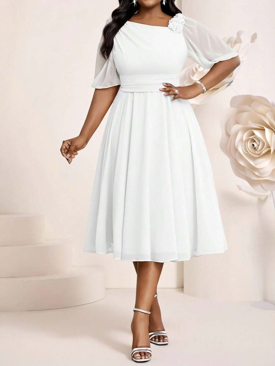 Fleurora New Spring And Summer Elegant Commuting Office White Woven Round Neck Pencil Bishop Sleeve Contrast Collar Contrast Mesh Bodycon Dress Midi Short Sleeve Plus Size Dresses Elegant Women Dresses Classy Outfits Summer Outfits For Women Dresses For Women Elegant Summer Clothes Spring Clothes Summer Dress Christmas Dress New Year Clothes  Thanksgiving Outfit For Women Elegant Dresses For Party Graduation Vacation Outfits Women White Dress Stylish Clothing Collection - White - View 1