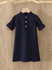 SHEIN Toddler Infant Baby Boys Traditional Casual Long Sleeve Stand Collar Button Half-Open Front Pocket Robe Top, Adjustable Sleeve Length, Side Slit Hem Design, Arabic Dishdasha, Islamic Clothing, Kaftan, Saudi Arabian Outfit, Robe, Boys White Kurta, Boys White School Thobe, Boys Kurtas, Basic Silhouette Suitable For Spring, Summer, Autumn, Winter,3M-3T - Royal Blue - View 3