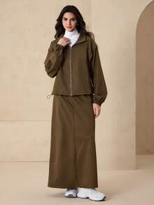 Modelyn Women's Minimalist Color Block Drawstring Stand Collar Zip Up Drop Shoulder Loose Jacket Coat - Brown - View 4