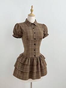 Flirla 复古格纹 Polo 衫，纽扣门襟；迷你蛋糕式层叠连衣裙；校园风；春夏装 - 彩色 - 查看 1