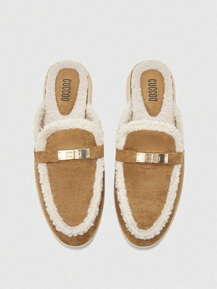 CUCCOO BIZCHIC Women's Fashion Camel Suede Metal Buckle Comfortable Thick Faux Fur Slip-On Mules, Flat Loafers Suitable For Outdoor, Work, Daily Wear, Versatile For Christmas