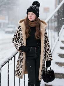 SHEIN 适合青少年女孩的超大印花连帽户外抓绒外套 - 杏色 - 查看 3