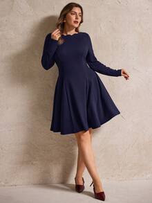 Elegantrix Vestido Curto Evasê com Ombros à Mostra e Bainha Ondulada, Estilo Francês Casual para Outono/Inverno, Plus Size - Azul Marinho - Visão 5