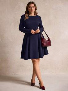 Elegantrix Vestido Curto Evasê com Ombros à Mostra e Bainha Ondulada, Estilo Francês Casual para Outono/Inverno, Plus Size - Azul Marinho - Visão 7