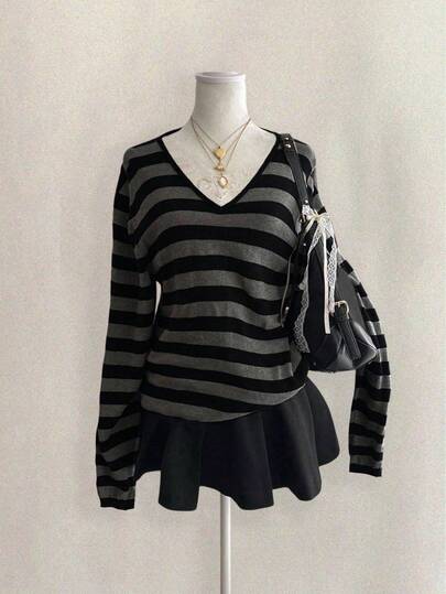 Attitoon Vintage Streetwear Black White Gray Striped Knit V-Neck Loose Long Sleeve T-Shirt For Plus Size Women, Suitable For Autumn New Arrival Women Clothing Women Long Sleeve Tops Striped Long Sleeve Stripe Top
