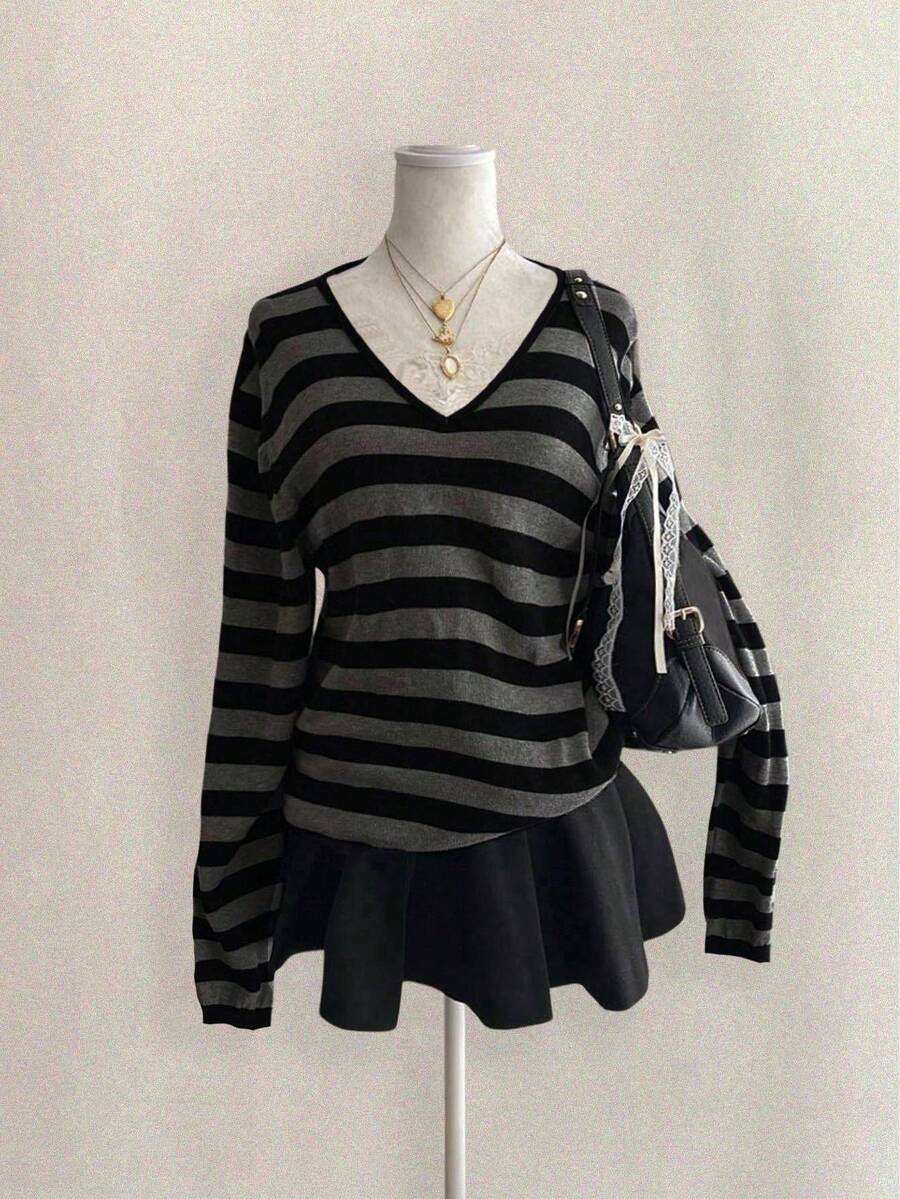 Attitoon Vintage Streetwear Black White Gray Striped Knit V-Neck Loose Long Sleeve T-Shirt For Plus Size Women, Suitable For Autumn New Arrival Women Clothing Women Long Sleeve Tops Striped Long Sleeve Stripe Top - Multicolor - View 1