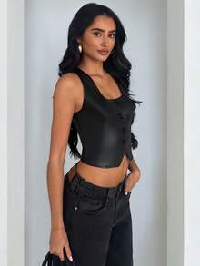 Glamine Chaqueta negra de cuero con cuello cuadrado y espalda descubierta para mujer, chaqueta versátil de moda y sexy para vacaciones y festivales de música - Negro - Ver 5