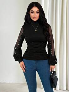 Vavine 女士优雅派对休闲褶皱高领网纱撞色长袖串珠T恤，秋冬款 - 黑色 - 查看 3