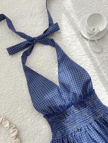 Elamini Women's Blue Halter Neck Ruffle Tie Plaid Midi Dress - Blue - View 2