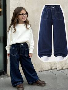 Young Girls Casual Style Denim Jeans, Deep Blue Color, Dual Pockets Design, Loose Wide Leg Fit, Soft & Comfortable Fabric, Suitable For School, Commute, And Daily Wear, Spring/Summer/Autumn/Winter - Dark Wash - View 9