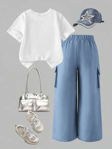 SHEIN ChillGRL Bộ 2 áo phông thường ngày và quần túi hộp cho bé gái tuổi teen, áo phông cổ tròn tay ngắn họa tiết thêu bướm và quần dài, trang phục thời trang cho mùa xuân/hè - Màu xanh lam - Xem 2