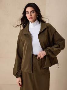 Modelyn Women's Minimalist Color Block Drawstring Stand Collar Zip Up Drop Shoulder Loose Jacket Coat - Brown - View 5