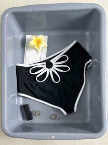 Swim Vcay Bottom de traje de baño sexy de talle alto para mujer, diseño de parches en blanco y negro con flores huecas, adecuado para la playa y vacaciones, primavera/verano - Blanco y Negro - Ver 5