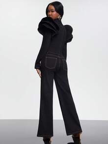 NYA SZN Destiny Jean 牛仔裤，直筒阔腿宽松休闲日常优雅修身弹力五口袋深色水洗原色牛仔裤，适合夜间外出、派对、特殊活动、音乐会、商务休闲、办公室、西部牛仔风秋冬女装 - 黑色 - 查看 2