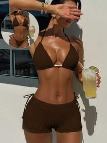 3pcs Women's Solid Color Textured Fabric Tie Neck Bikini Set - Brown - View 1
