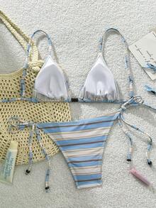 Swim Mod 两件套女士夏季休闲条纹印花串珠系带露背比基尼套装 - 彩色 - 查看 2