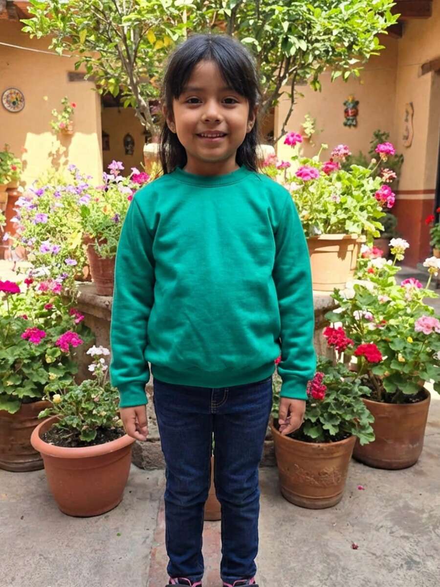 Sudadera para niña estilo casual sencillo, confección en color sólido de alta calidad, tela suave de punto, sin estampado, corte amplio y cómodo, cuello redondo, manga larga, primavera/otoño, ideal para uso diario y actividades casuales - Verde - Ver 1