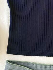 SHEIN Tween Girl Navy Ribbed White Lace Ballet Style Camisole - Blue - View 3