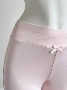 Elamini Quần ống loe cạp trễ cổ chữ V cho nữ, quần ống loe trang trí nơ, quần dệt kim thoải mái, phong cách cổ điển ngọt ngào, mùa xuân/hè - Hồng - Xem 6