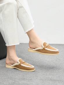 CUCCOO BIZCHIC Giày lười đế bằng da lộn lạc đà thời trang nữ khóa kim loại thoải mái dày dặn bằng lông giả, thích hợp cho hoạt động ngoài trời, công sở, mặc hàng ngày, đa năng - Lạc đà - Xem 2