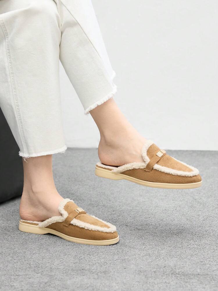 CUCCOO BIZCHIC Women's Fashion Camel Suede Metal Buckle Comfortable Thick Faux Fur Slip-On Mules, Flat Loafers Suitable For Outdoor, Work, Daily Wear, Versatile For Christmas