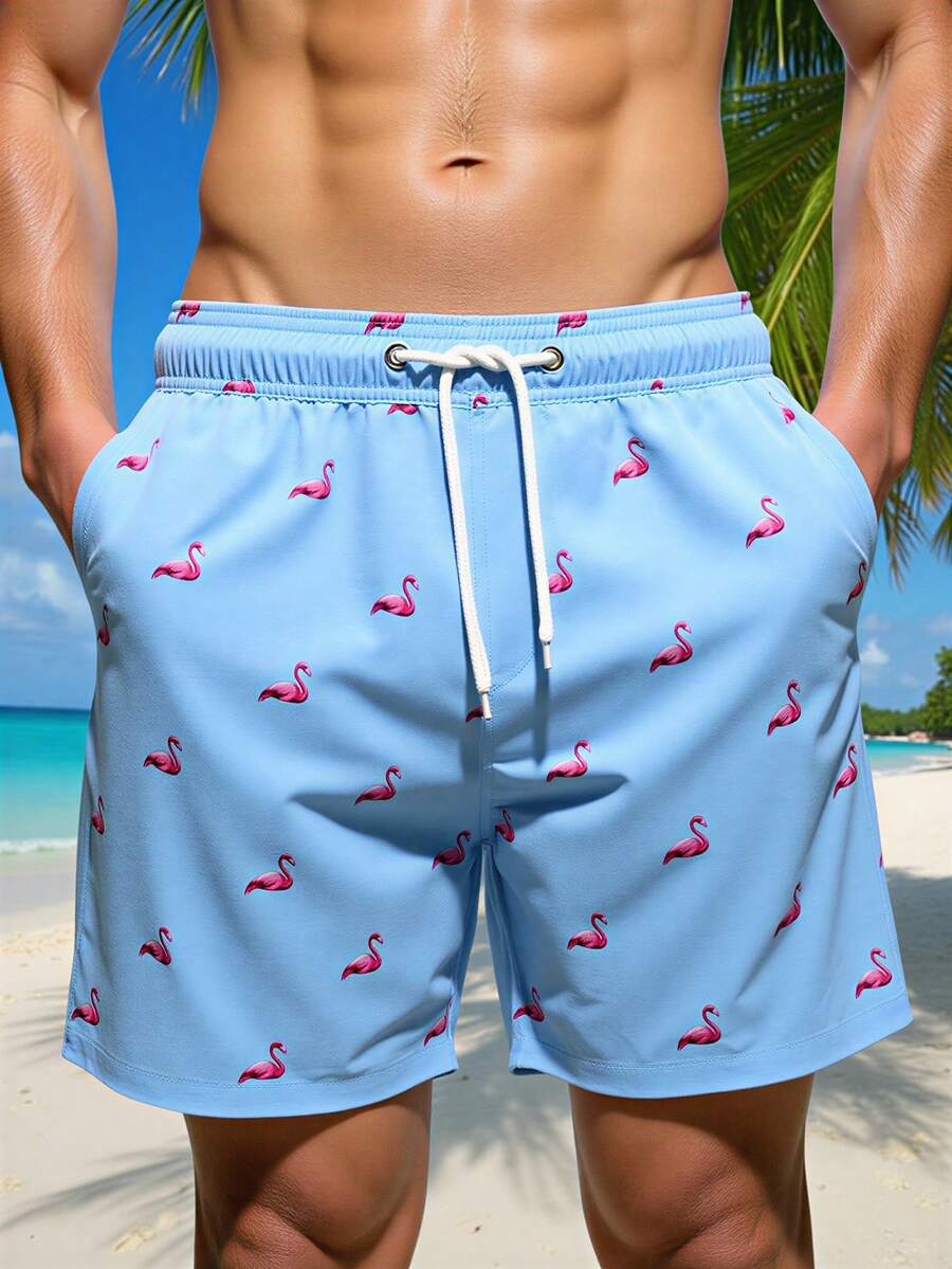 Manfinity RSRT 男士火烈鸟印花抽绳腰带口袋休闲时尚沙滩短裤浅蓝色泳裤男士沙滩装男士火烈鸟短裤泳池服男士火烈鸟泳裤男士泳裤男士泳装 - 淺藍色 - 查看 1