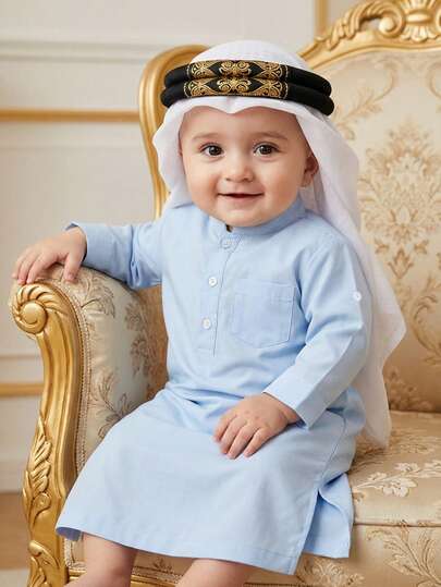 SHEIN 幼儿男童传统休闲长袖立领纽扣半开襟口袋长袍上衣，袖长可调节，侧开衩下摆设计，阿拉伯长袍，伊斯兰服装，卡夫坦长袍，沙特阿拉伯服饰，长袍，男童白色库尔塔，男童白色校服长袍，男童库尔塔，基本款型，适合春、夏、秋、冬四季穿着，3个月-3岁