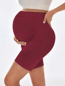 SHEIN Maternity Elastic Waist Shorts, High Waist Comfortable Yoga Shorts, Butt Lifting,1pc Maternity Shorts Over Belly, Soft Stretch Fit, Comfy Fabric For All Pregnancy Stages, Ideal For Casual Outfits, Work, Home, Travel, Errands, Prenatal Fitness Or Relaxation - Burgundy - View 4